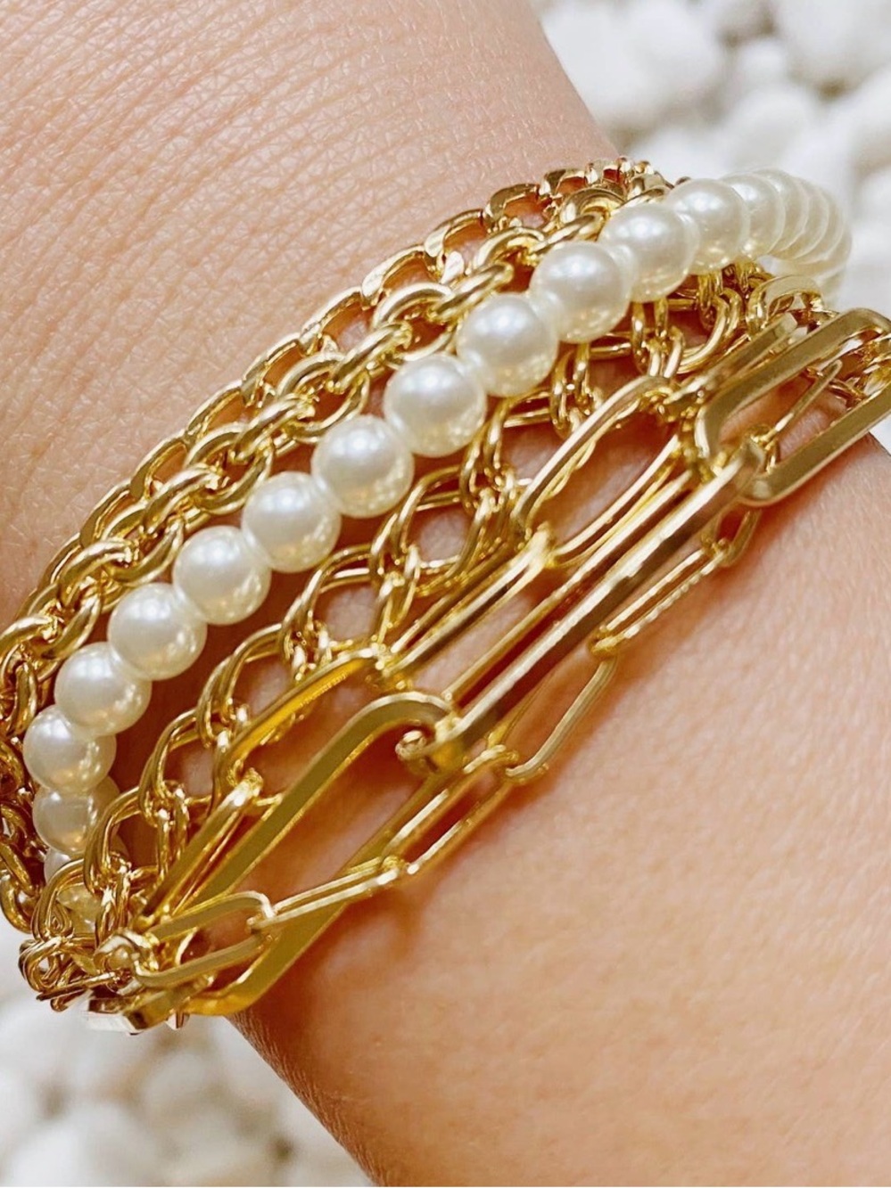 Gold Multi-Chain Bracelet with White Pearls